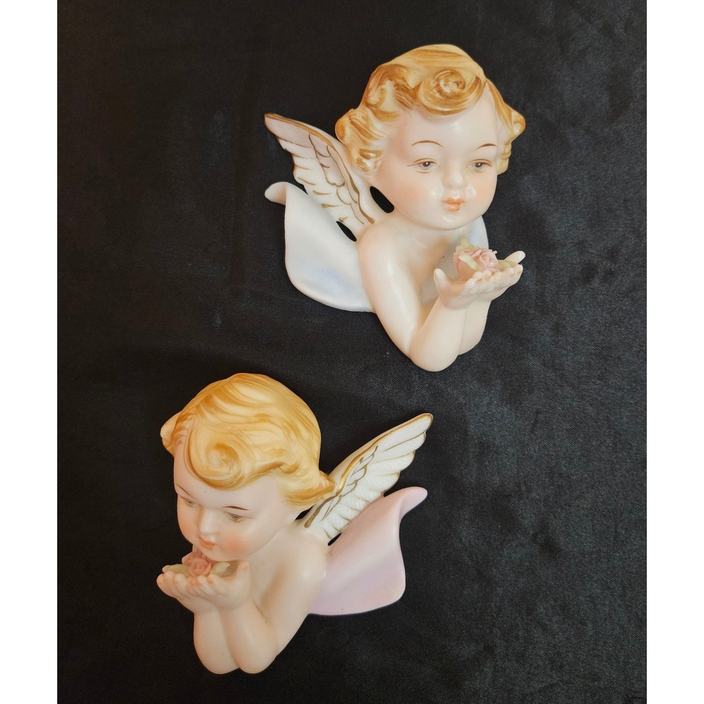 Vintage Porcelain Cherub Angel Wall Plaques Set of 2 Pink Blue Roses Gold Trim